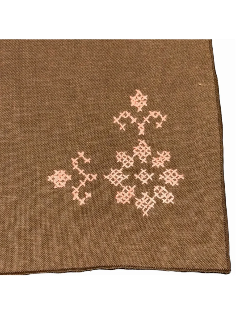 Vintage Set of 3 Brown Linen Embroidered Napkins Pink Cross Stitch Floral Table